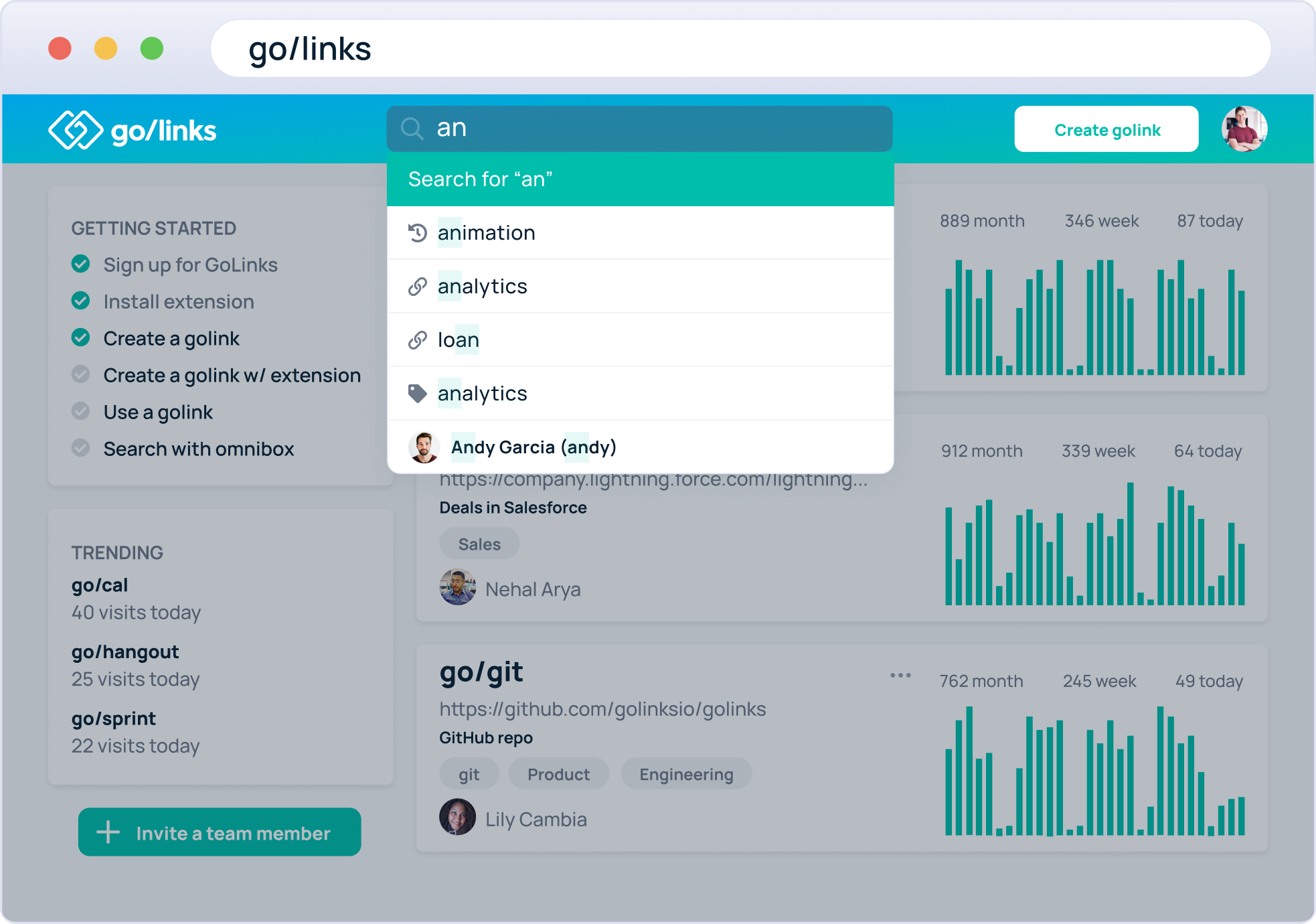 Searching on GoLinks dashboard
