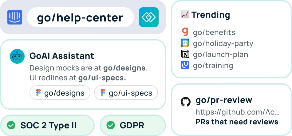 GoLinks search bar, AI assistant, dashboard, SOC II, and GDPR example